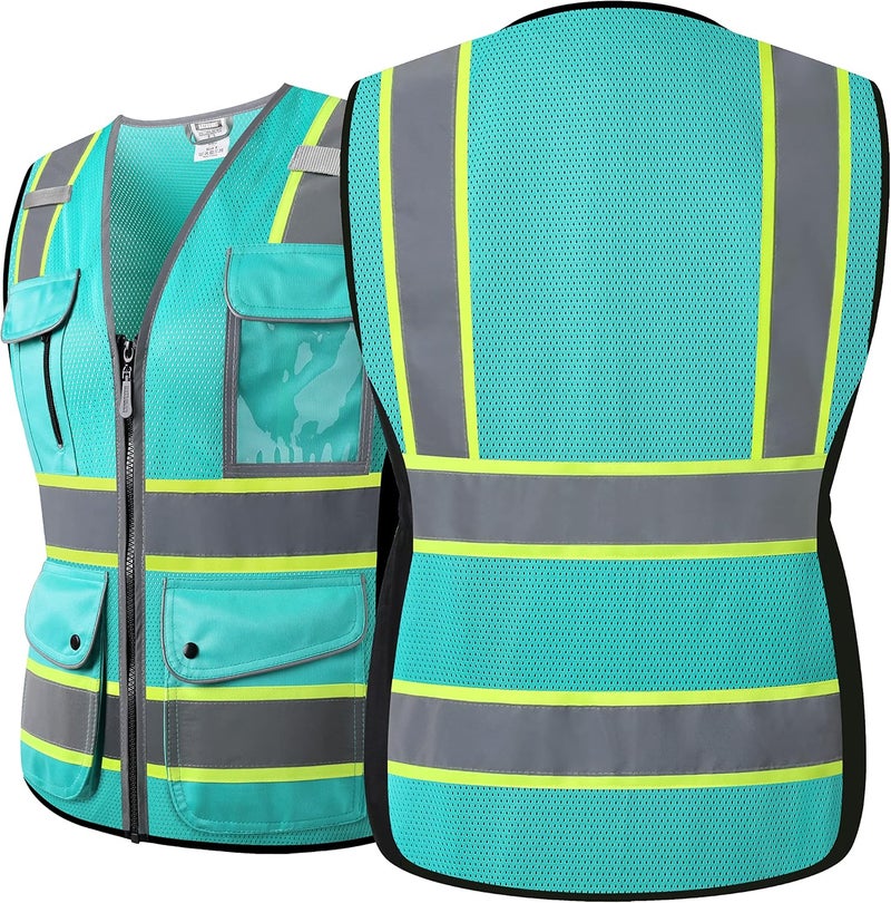 HATAUNKI سترات أمان شبكية بصرية عالية الظهور مع 8 جيوب وسحاب أمامي، سترة أمان عالية الوضوح للنساء، تفي بمعايير ANSI/ISEA (طاووس-16، L) - Image 2